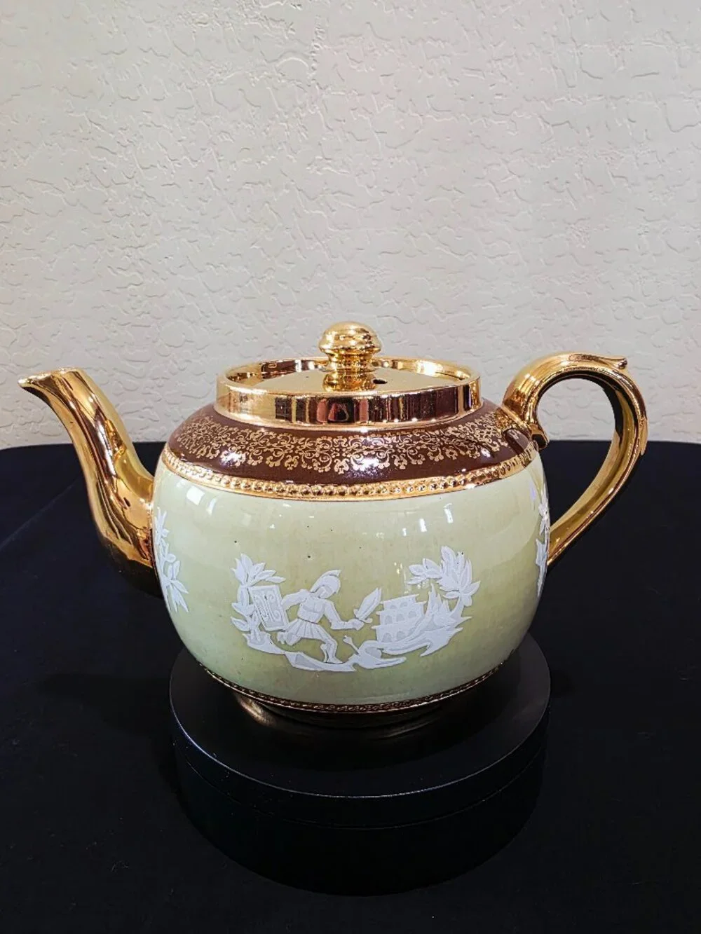 Vintage Teapot SUDLOW'S BURSLEM ENGLAND Green Gold Greek Mythology Porcleain